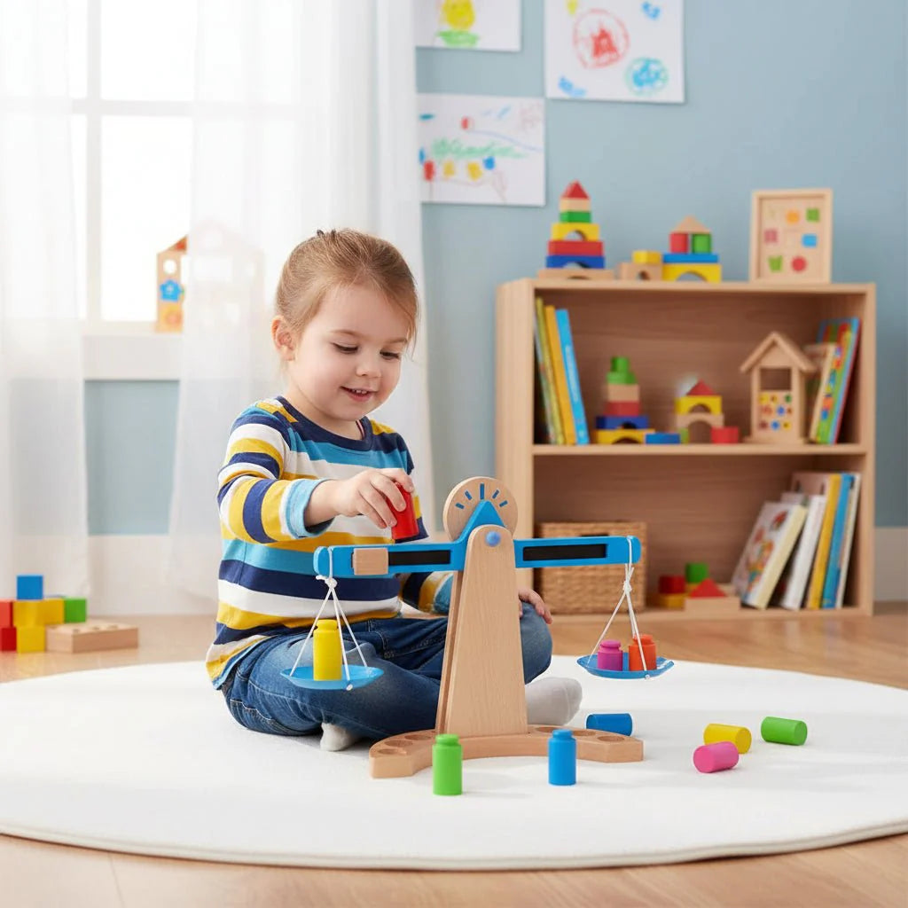 BRIGHTMIND – Wooden Balance Scale Educational Toy for Understanding Weight & Balance