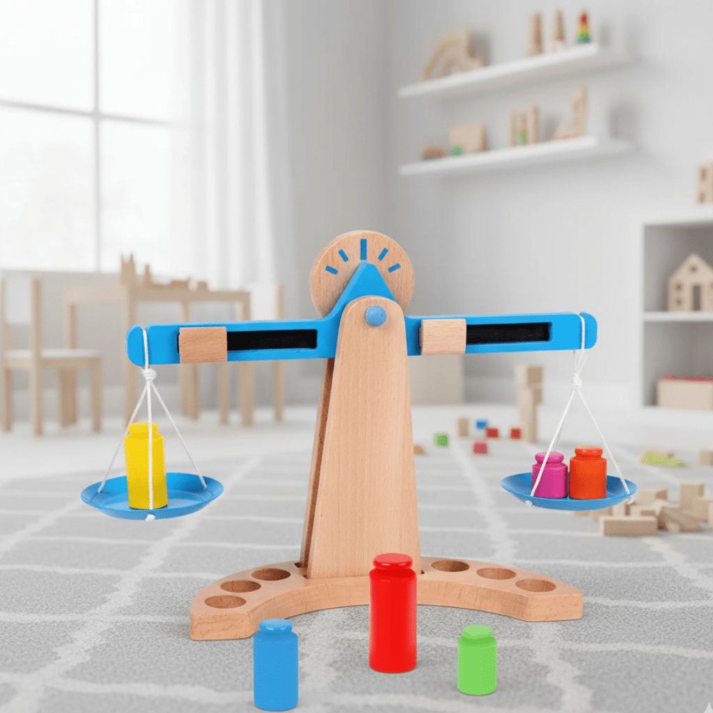 BRIGHTMIND – Wooden Balance Scale Educational Toy for Understanding Weight & Balance